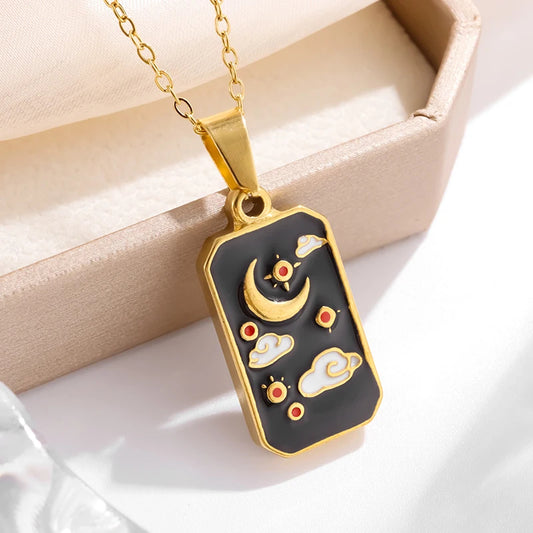 Stainless Steel Square Sun Moon Cloud Tarot Card Pendant Star and Moon Medal Necklace