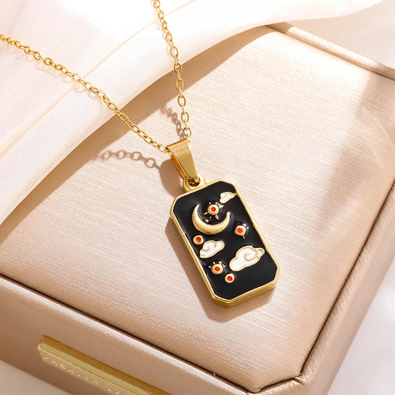 Stainless Steel Square Sun Moon Cloud Tarot Card Pendant Star and Moon Medal Necklace