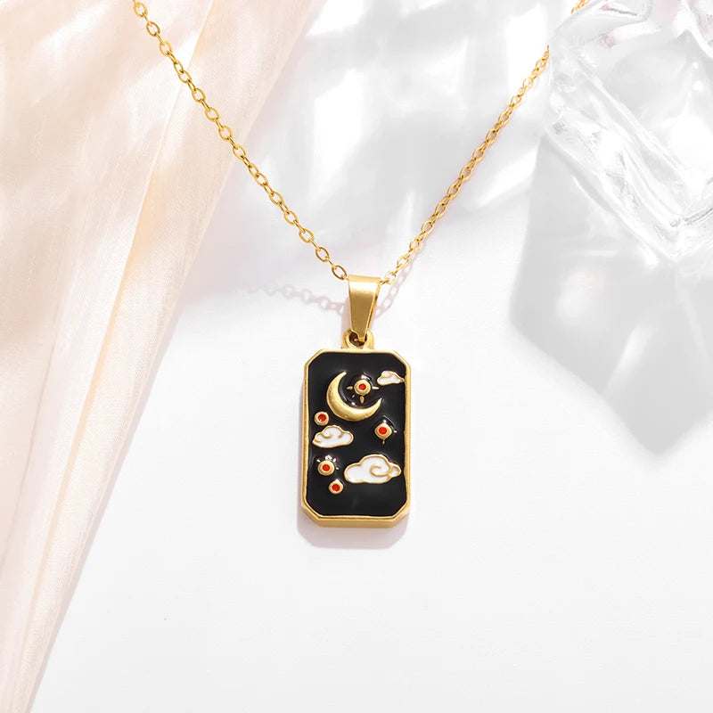 Stainless Steel Square Sun Moon Cloud Tarot Card Pendant Star and Moon Medal Necklace