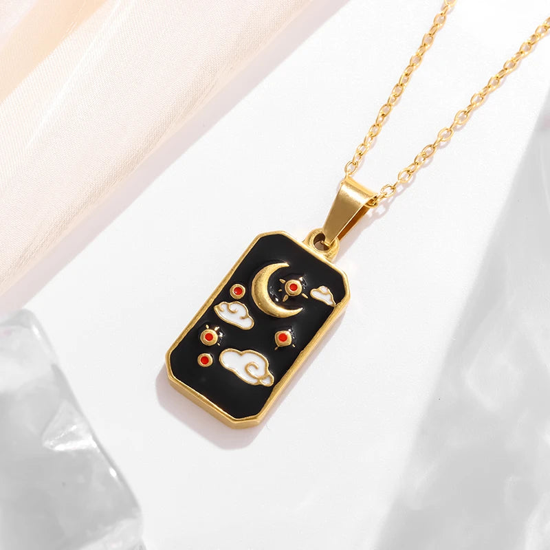 Stainless Steel Square Sun Moon Cloud Tarot Card Pendant Star and Moon Medal Necklace