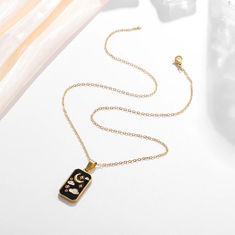 Stainless Steel Square Sun Moon Cloud Tarot Card Pendant Star and Moon Medal Necklace