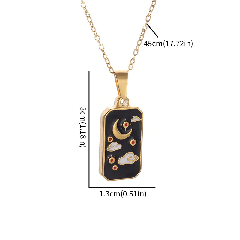 Stainless Steel Square Sun Moon Cloud Tarot Card Pendant Star and Moon Medal Necklace