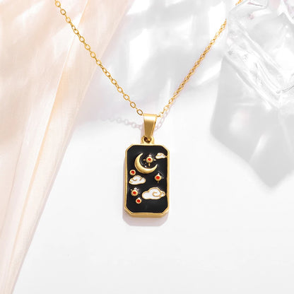 Stainless Steel Square Sun Moon Cloud Tarot Card Pendant Star and Moon Medal Necklace