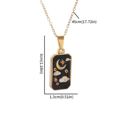 Stainless Steel Square Sun Moon Cloud Tarot Card Pendant Star and Moon Medal Necklace