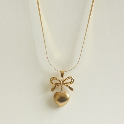 Stainless Steel Gold Bow Heart Snack Chain Necklace